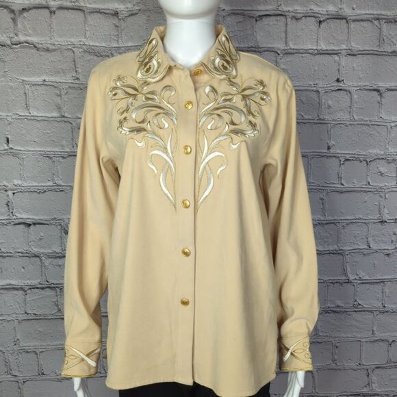 Bob Mackie Yellow Embroidered Button Down Top, Women's Small - Picture 2 of 9